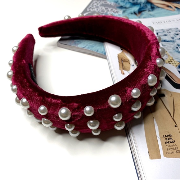 Magenta Velvet Pearled Padded Fashion Headband Bloggers Favorite - Picture 2 of 4